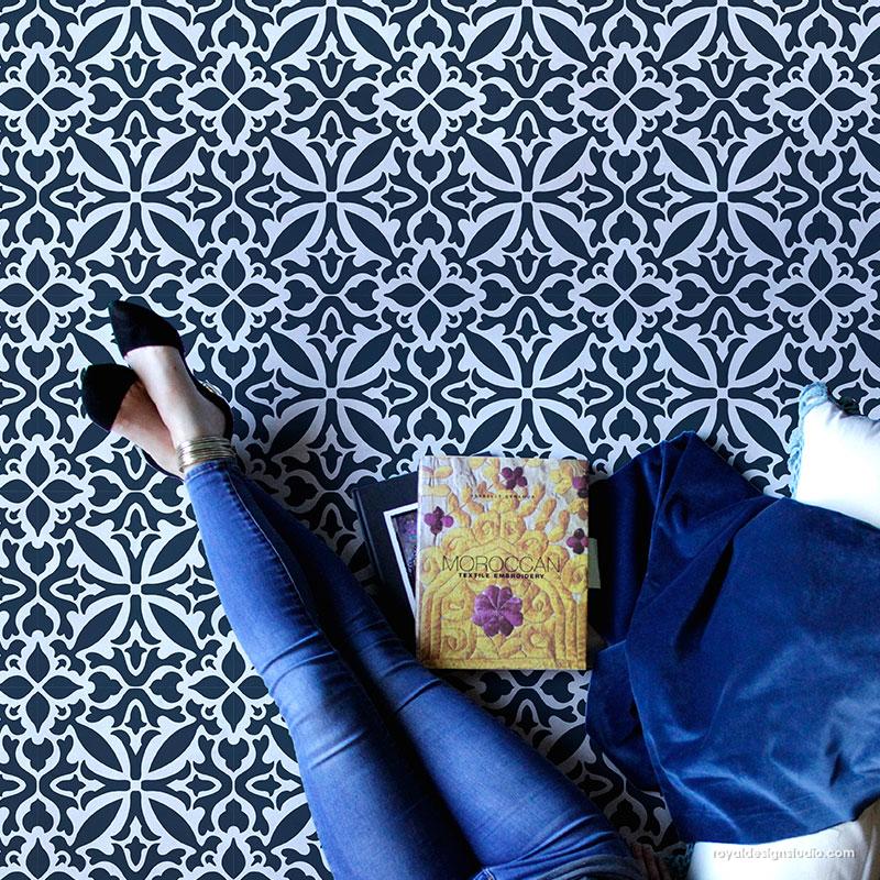 Floor Stencils for Painting Ceramic Tiles in Bathroom - Island Dreams Tile Stencil from Royal Design Studio Stencils