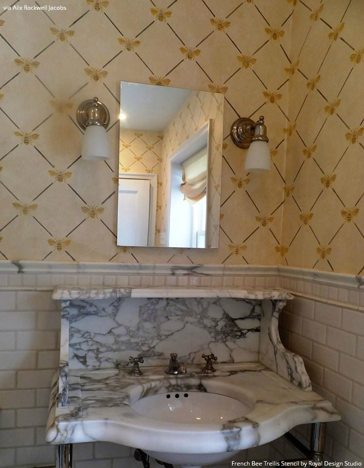 Neutral and Metallic Gold Trellis Pattern - French Bee Trellis Wall Stencils - Royal Design Studio