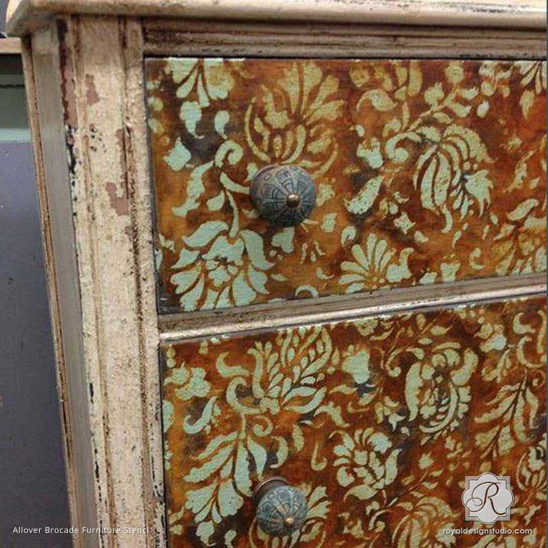 Antique and Distressed Dresser Drawers Stenciled with Flower and Vine Pattern - Allover Brocade Furniture Stencils - Royal Design Studio