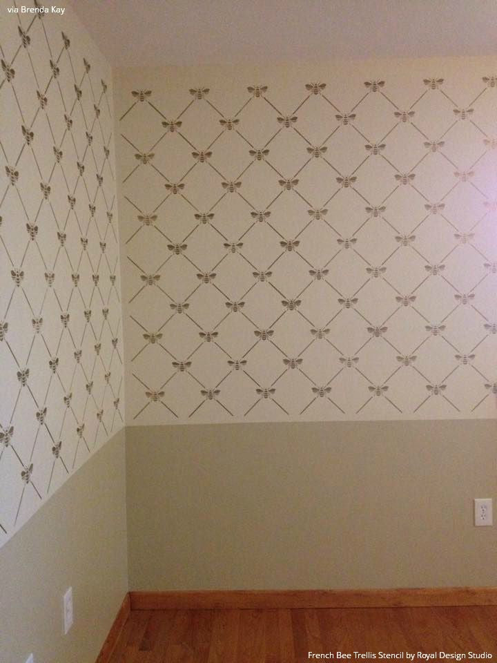Neutral and Metallic Gold Trellis Pattern - French Bee Trellis Wall Stencils - Royal Design Studio