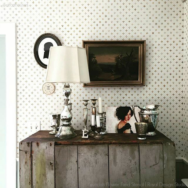 Rustic Vintage Home Decor with Painted Pattern Walls - Swedish Flower Field Wall Stencils - Royal Design Studio