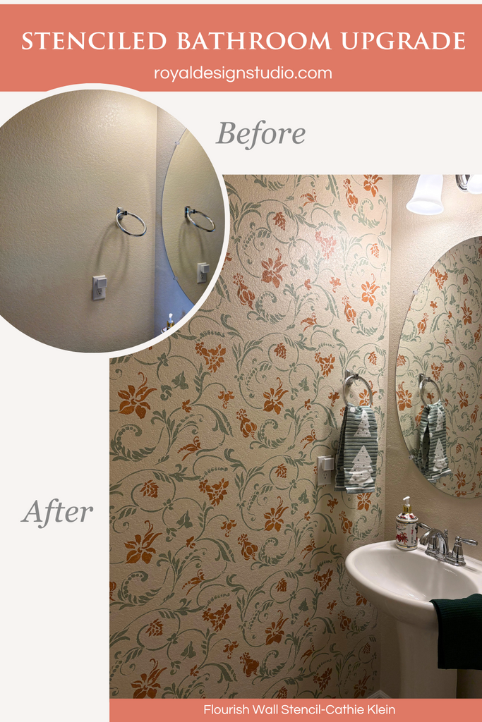 Damask wall stencil in bathroom wall stenciling diy