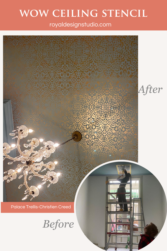 ceiling stenciling with stencil on a ceiling using gold metallic paint